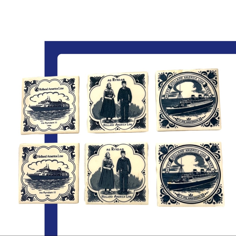 Vintage Holland American 6 Ceramic Coasters made by Dutch Delft Pottery